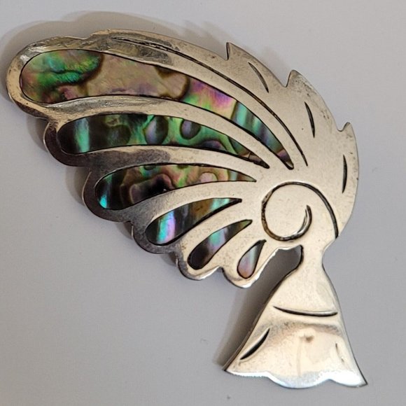 Vintage Taxco Aztec Feather Figural Abalone Brooch Pin 925 Sterling Silver 2" - Picture 8 of 8